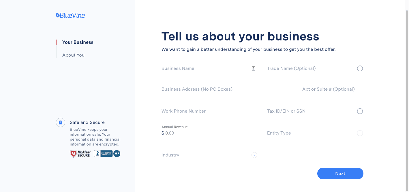 BlueVine Business Bank Review: Checking Built For Small Business - Tell us about your business