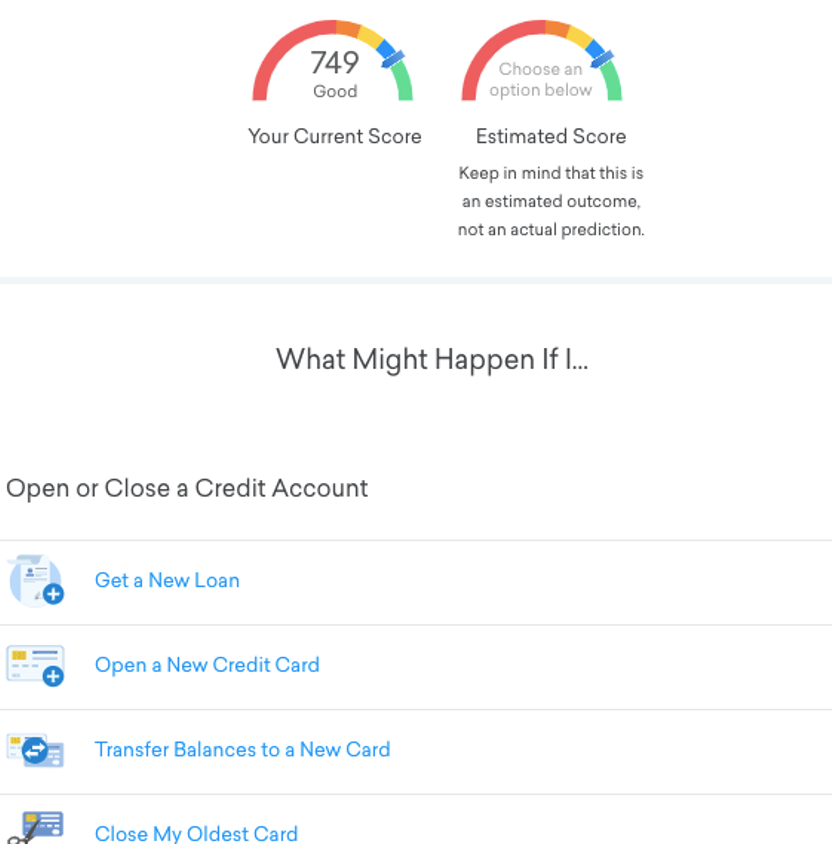 Screenshot of Credit Karma's credit score simulator