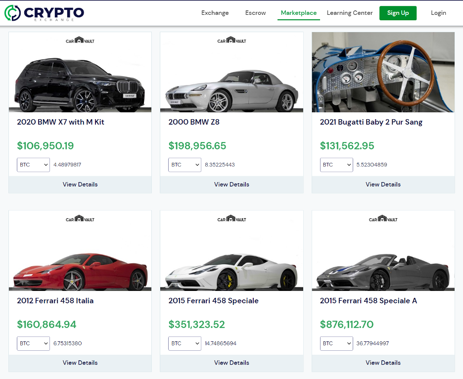 Screenshot of luxury cards for sale on CryptoExchange