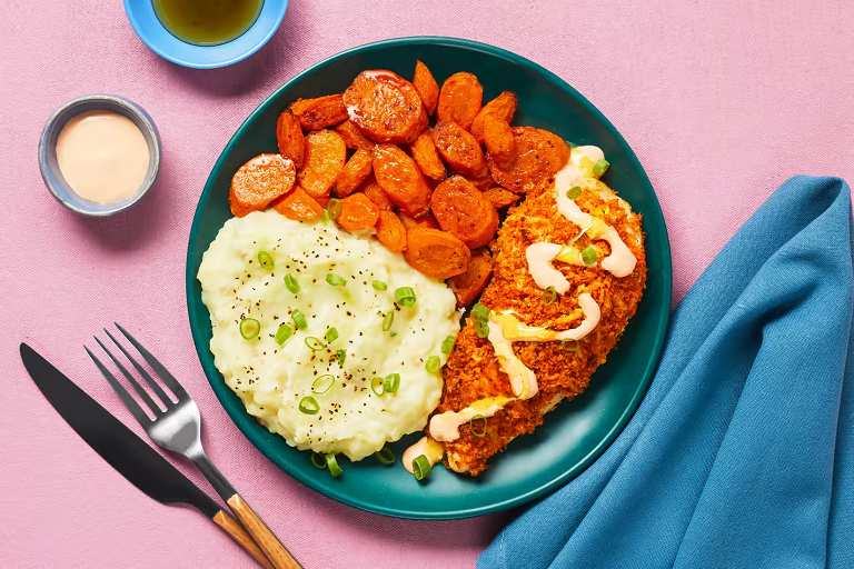 crispy kickin’ cayenne chicken cutlets, mashed potatoes, carrots, honey drizzle from HelloFresh