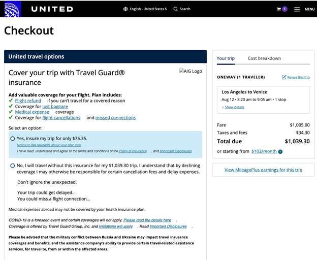 Screenshot of the United Airlines booking page, with the option to "Cover your trip with Travel Guard insurance."