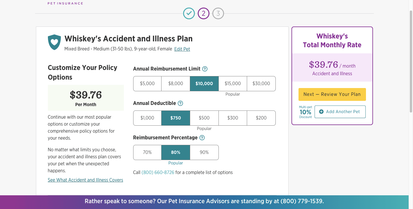 Embrace Pet Insurance Review: Full Coverage Pet Insurance With Customizable Premiums - Whiskey's monthly rate
