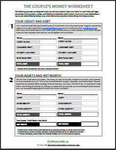 A worksheet for couples to talk about money.